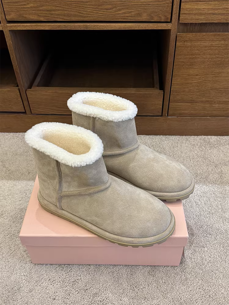 Phiên bản da bò ~ Giày bốt đi tuyết ngoài trời đế dày bằng da mờ dành cho nữ, phong cách cổ điển, đơn giản, chống trơn trượt, giày bốt cotton lót lông cừu