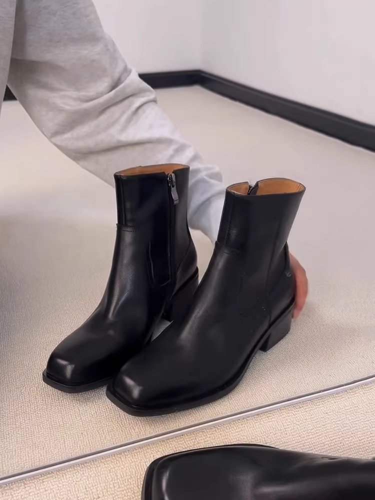 Phiên bản da bò ~ Giày Chelsea cổ điển, phong cách và sành điệu dành cho nữ với mũi vuông, khóa kéo bên hông, da thật, phong cách Anh đơn giản, giày bốt ngắn đa năng