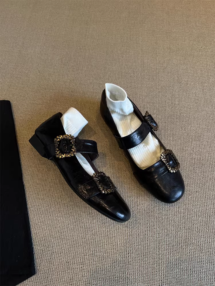 Phiên bản da cừu ~ Giày Mary Jane nông có khóa kim loại cổ điển dành cho nữ, giày đế bằng mũi tròn bằng da thật màu đen đa năng