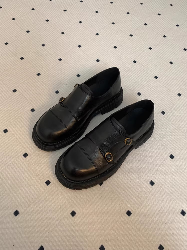 Phiên bản da cừu~ Giày lười da thật kiểu Anh dành cho nữ, giày da nhỏ đế dày mũi tròn màu đen đa năng, thời trang có quai đôi