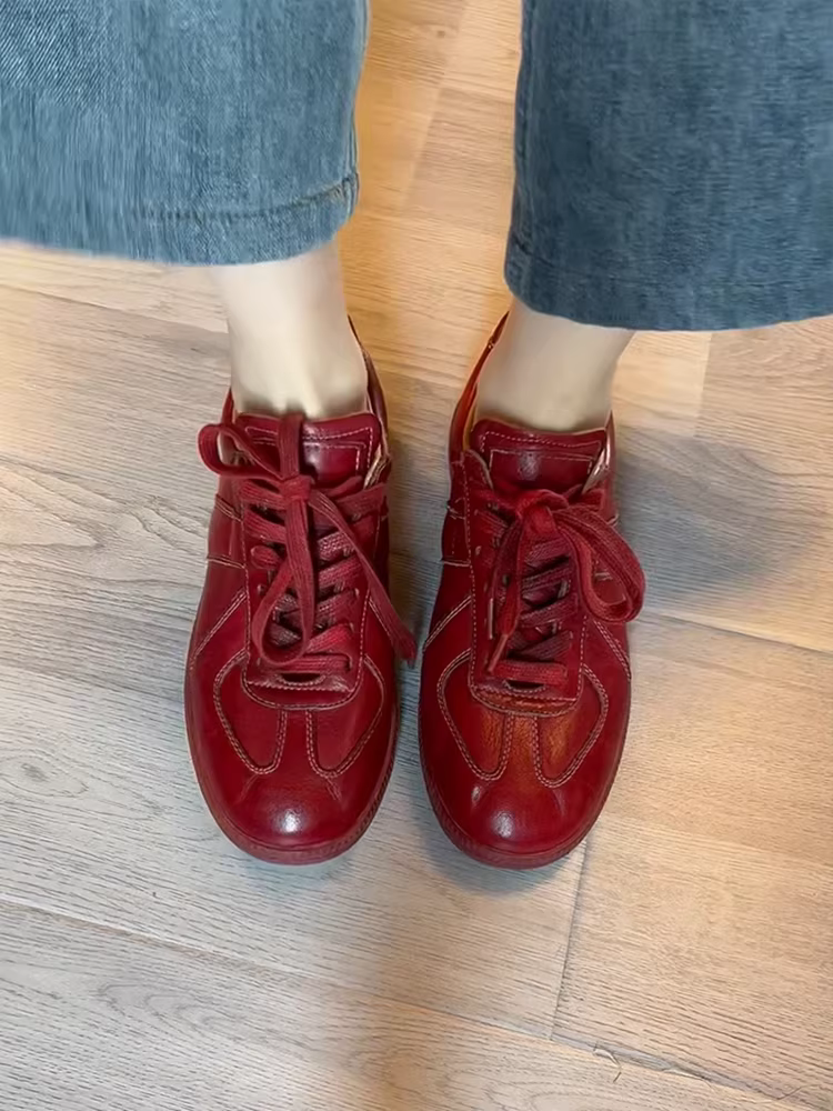 Phiên bản da cừu ~ Giày tập luyện Đức đế mềm bằng da thật phong cách cổ điển dành cho nữ, giày thể thao thông thường có dây buộc màu đỏ cắt sâu có dây buộc