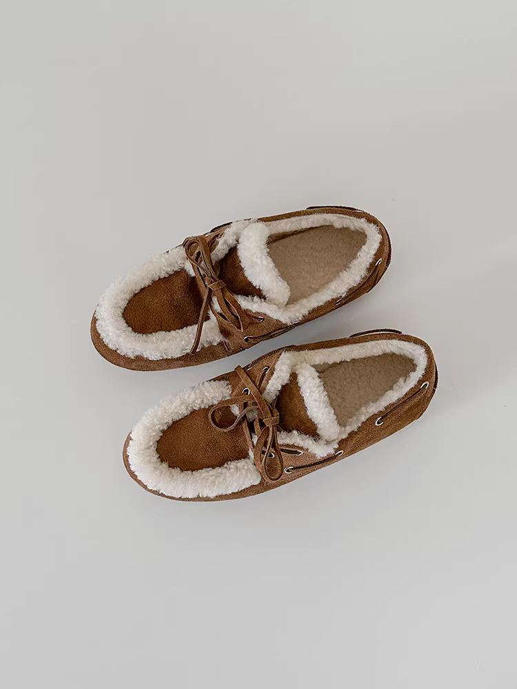 Phiên bản da cừu ~ Giày lười đế mềm đa năng, thoải mái, ấm áp bằng len cừu dành cho nữ, giày lười đế bằng cổ điển có dây buộc, kiểu dáng cổ thấp.