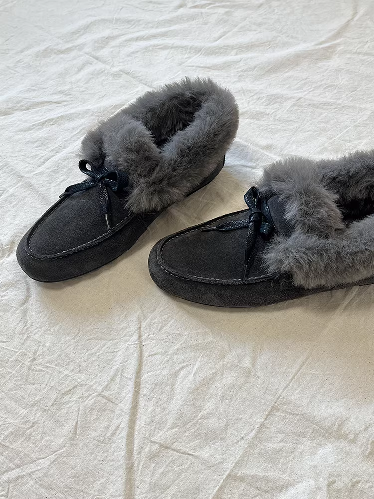 Phiên bản da cừu ~ Giày cotton ấm áp thời trang dành cho nữ, giày lười buộc dây nơ, giày lười đế bằng da lộn có lông