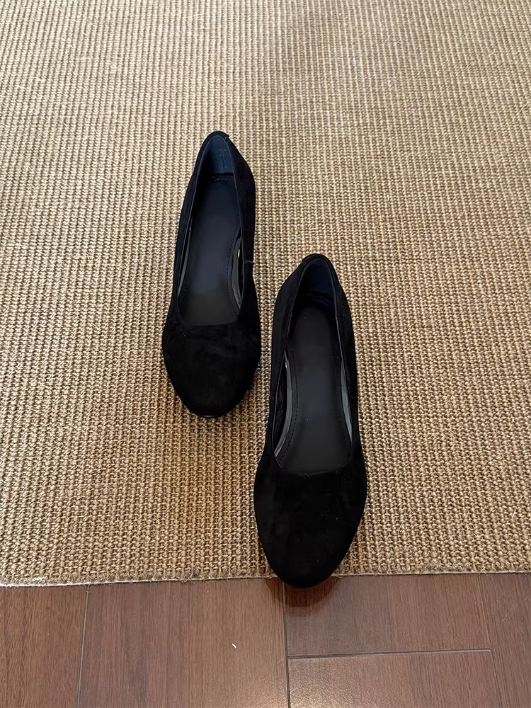 Phiên bản da cừu ~ Giày da lộn cổ điển tối giản dành cho nữ, giày cao gót đế xuồng thanh lịch, mũi tròn nông, giày đi làm hàng ngày thời trang