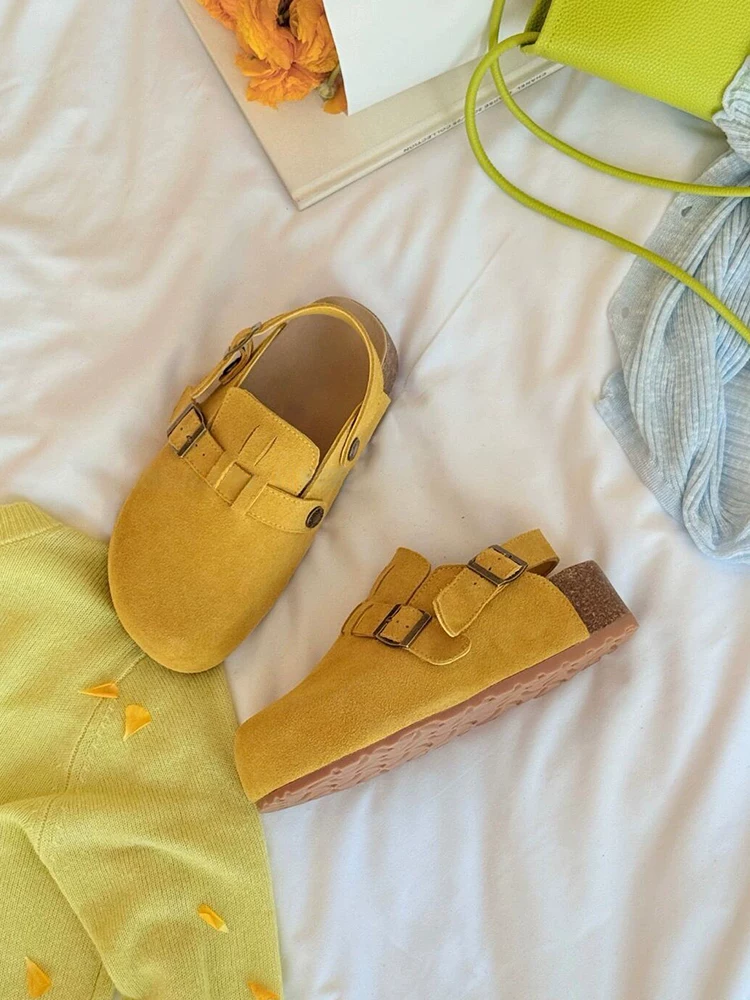 Phiên bản da cừu ~ Giày Birkenstock đế dày tăng chiều cao mùa hè dành cho nữ, kiểu dáng cổ điển có thể mang hai chiều, chất liệu da thật, giày mũi tròn, mũi kín.