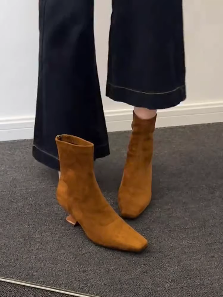 Giày bốt nữ da lộn kiểu cổ điển, mũi vuông, khóa kéo sau, gót wedge, kiểu dáng đơn giản, thanh lịch, thời trang, cổ ngắn.