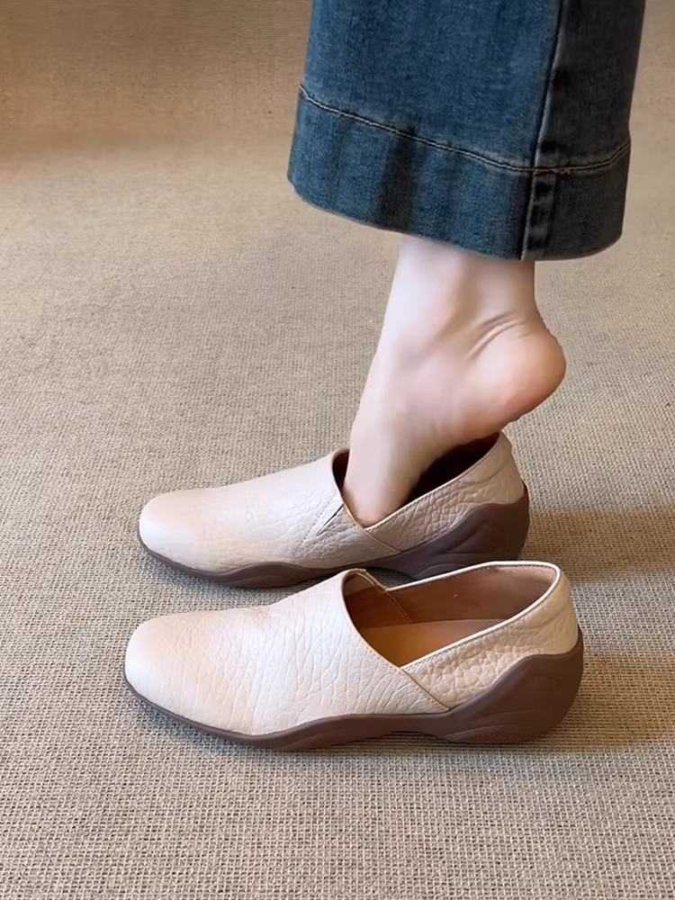 Phiên bản da cừu ~ Giày lười đi làm thể thao đế dày kiểu Pháp dành cho nữ, giày da nhỏ mũi tròn đơn giản đa năng đế mềm kiểu Pháp