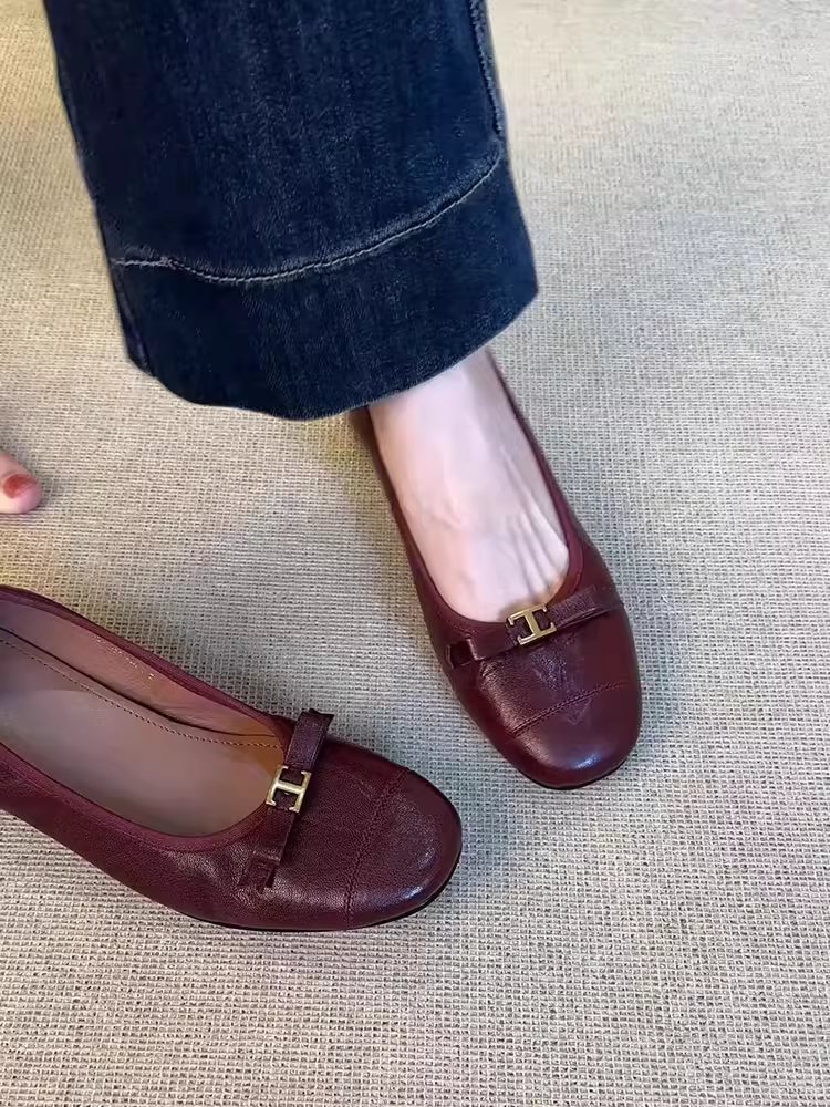 Phiên bản da cừu ~ Giày đế bằng có nơ cổ điển dành cho nữ, giày đế bệt kiểu Pháp thanh lịch kiểu Pháp, giày Mary Jane da thật kiểu Pháp