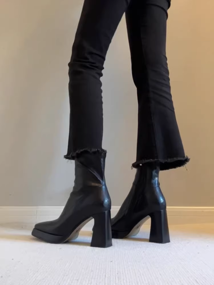 Phiên bản da bò~ Giày bốt ngắn da thật cao gót kiểu Pháp dành cho nữ có đế chống thấm nước, giày bốt Martin co giãn tăng chiều cao, mũi vuông, gót dày, bốt ôm sát.