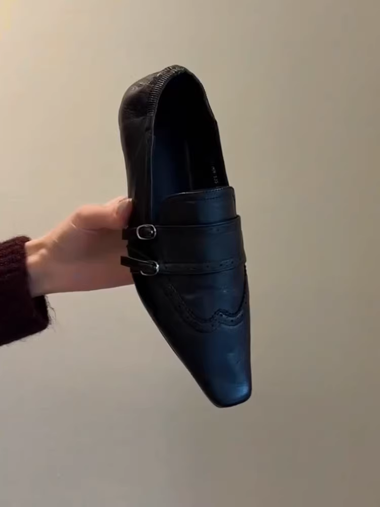 Phiên bản da cừu ~ Giày lười kiểu Anh cổ điển dành cho nữ với quai khóa đôi, giày da nhỏ đa năng có tăng chiều cao ẩn, giày đơn giản thời thượng.