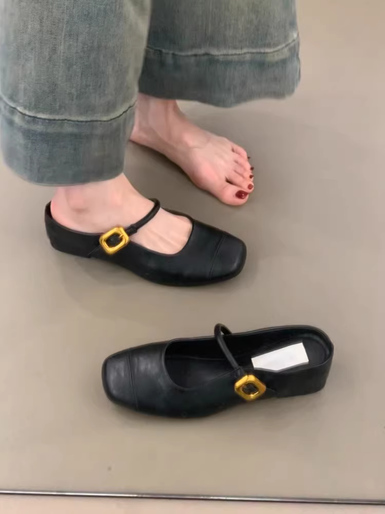 Phiên bản da cừu ~ Dép nửa đế tăng chiều cao kiểu cổ điển mũi vuông dành cho nữ, quai đơn, miệng nông, da thật, đa năng, đi làm, dép kín mũi