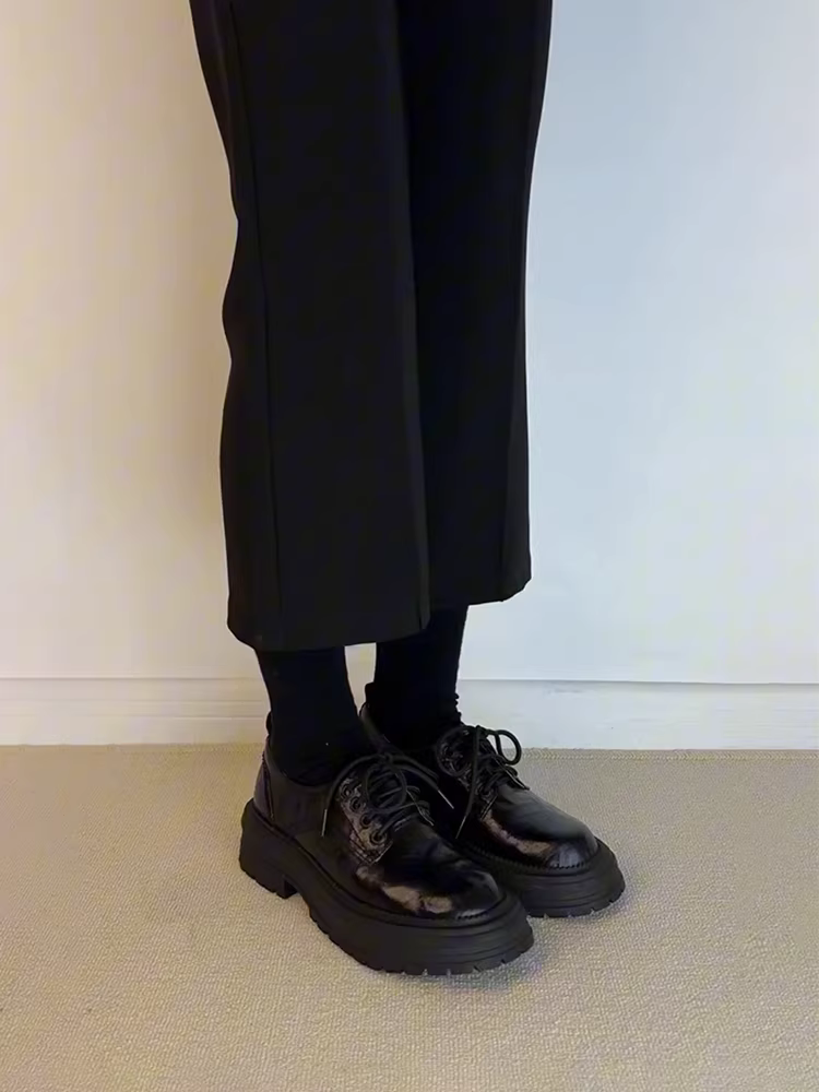 Phiên bản da cừu ~ Giày da thật đế dày kiểu Anh có dây buộc dành cho nữ, giày đế tròn mũi tròn kiểu cổ điển đa năng phong cách đại học