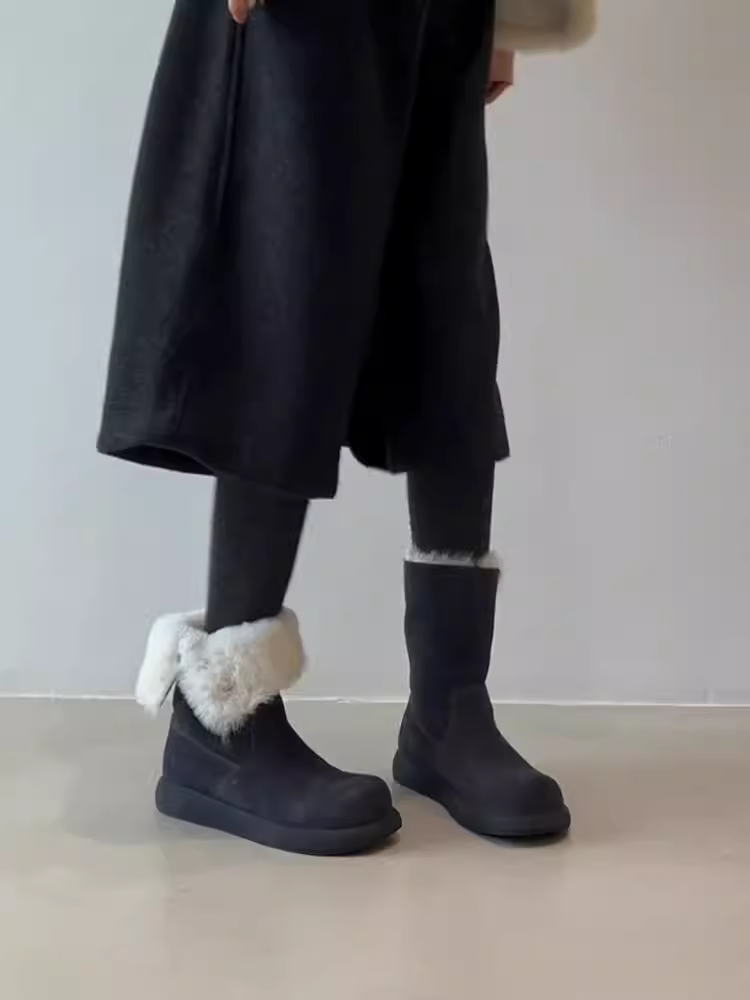 Phiên bản da bò ~ Giày bốt đi tuyết bằng da lộn dành cho nữ, bốt ngắn giữ ấm dày dặn mùa đông, kiểu dáng đa năng hai kiểu phối, bốt cotton đế dày thời trang, phong cách giản dị.