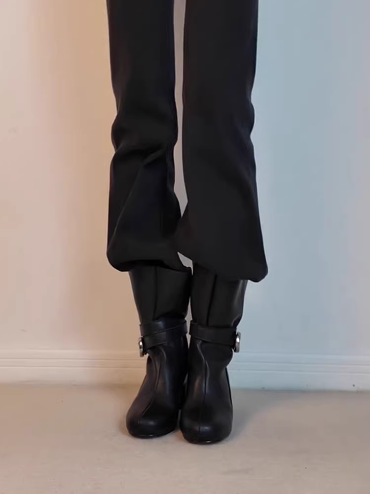 Phiên bản da bò ~ Giày bốt cổ ngắn mũi tròn kiểu Anh cổ điển có khóa thắt lưng kiểu Anh cổ điển dành cho nữ với gót dày, da thật, giày bốt thời trang độc đáo