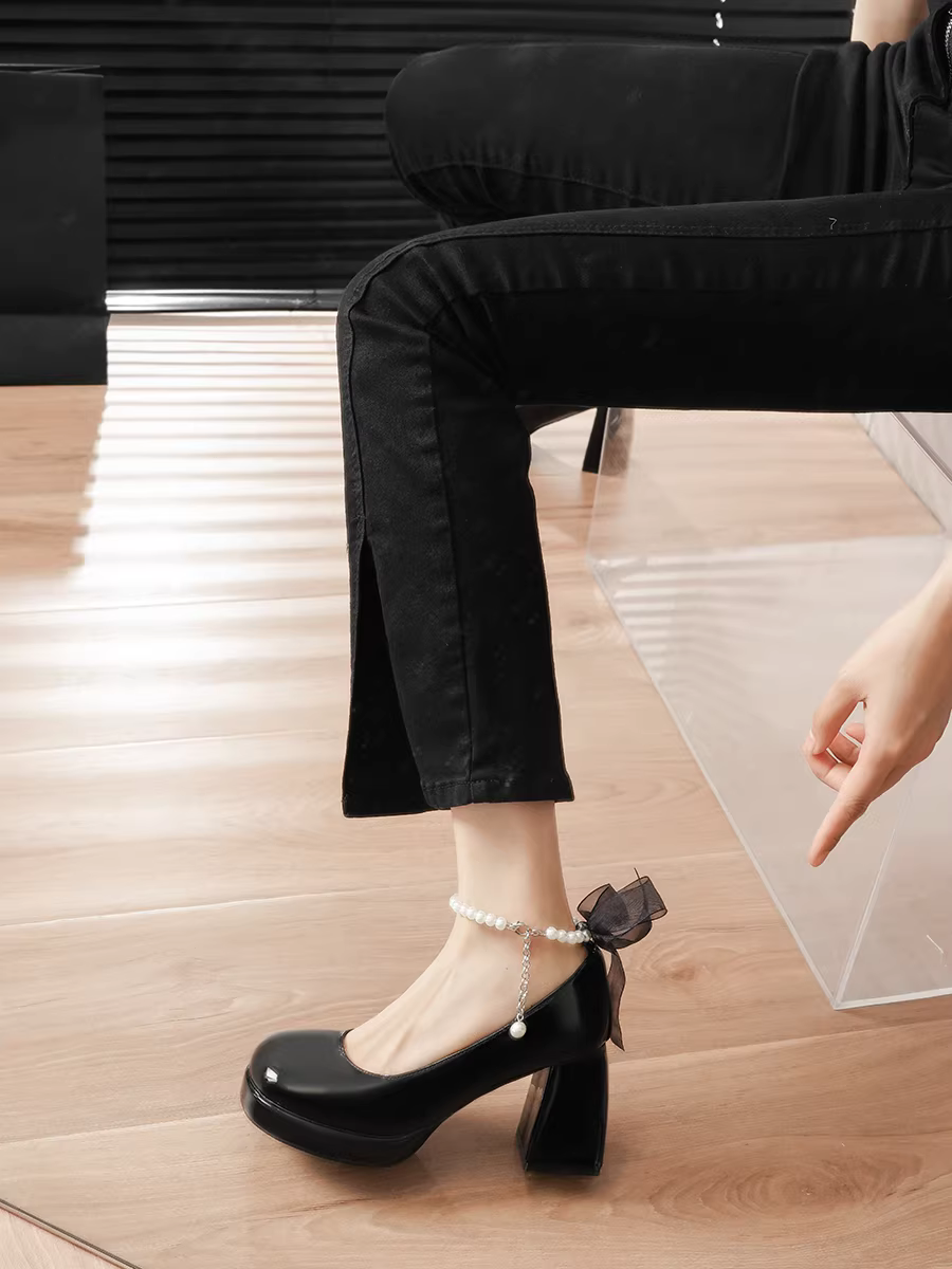 Giày cao gót, giày cưới nữ, giày Mary Jane nơ ngọc trai kiểu Pháp, giày đế dày chống thấm nước, giày phù dâu thanh lịch