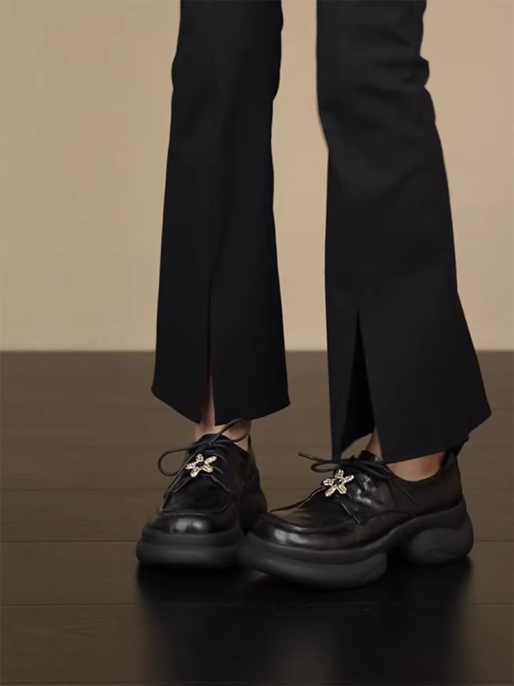 Phiên bản da cừu ~ Giày lười đế dày tăng chiều cao đa năng kiểu cổ điển dành cho nữ, da thật, kiểu buộc dây sâu, đế platform, giày da nhỏ