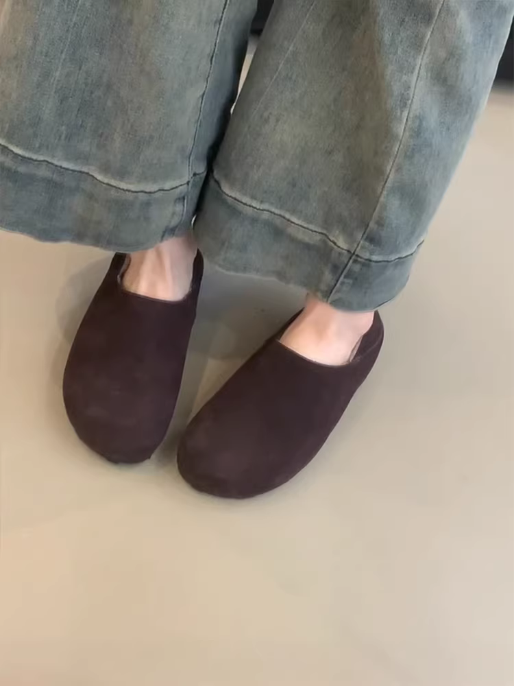 Phiên bản da cừu ~ Giày Birkenstock dành cho nữ, kiểu dáng đơn giản, có thể mang hai chiều, kiểu lười, giày cotton phủ kín, lót lông cừu, ấm áp, thời trang, giày lông thú đa năng