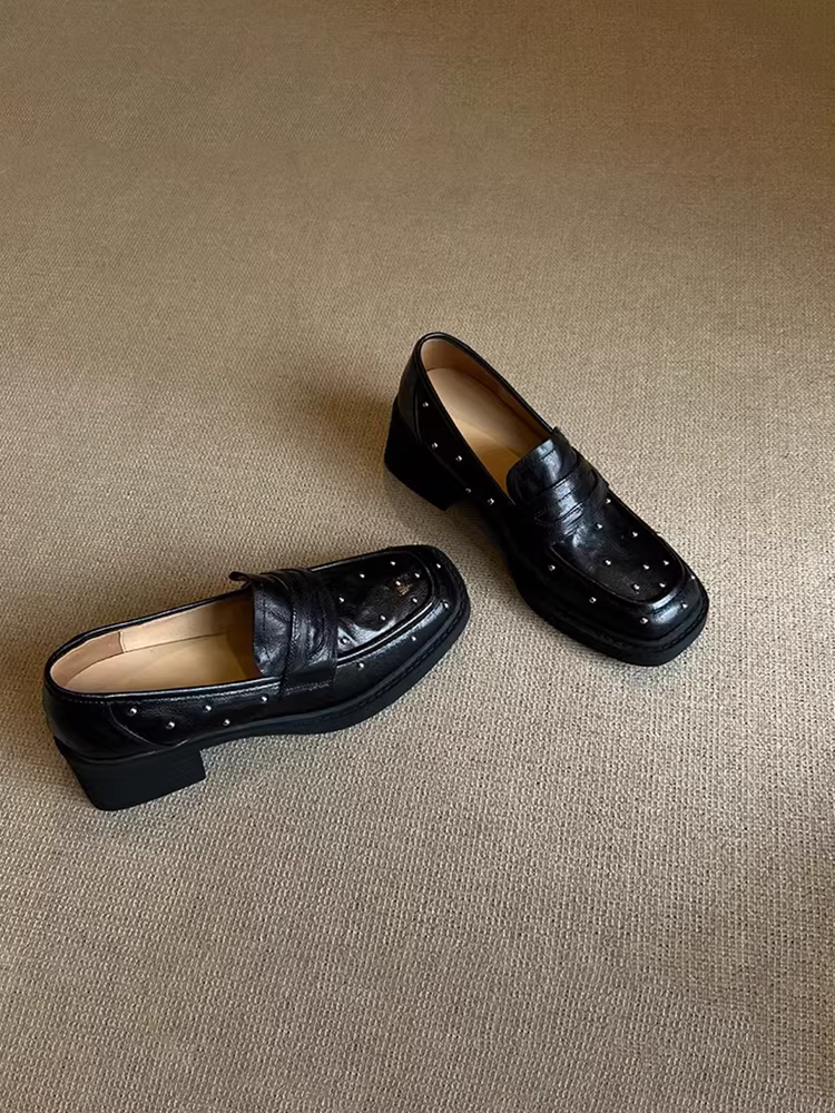 Phiên bản da cừu ~ giày lười đế dày đa năng có đế dày, mũi vuông, giày da thật kiểu slip-on dành cho nữ