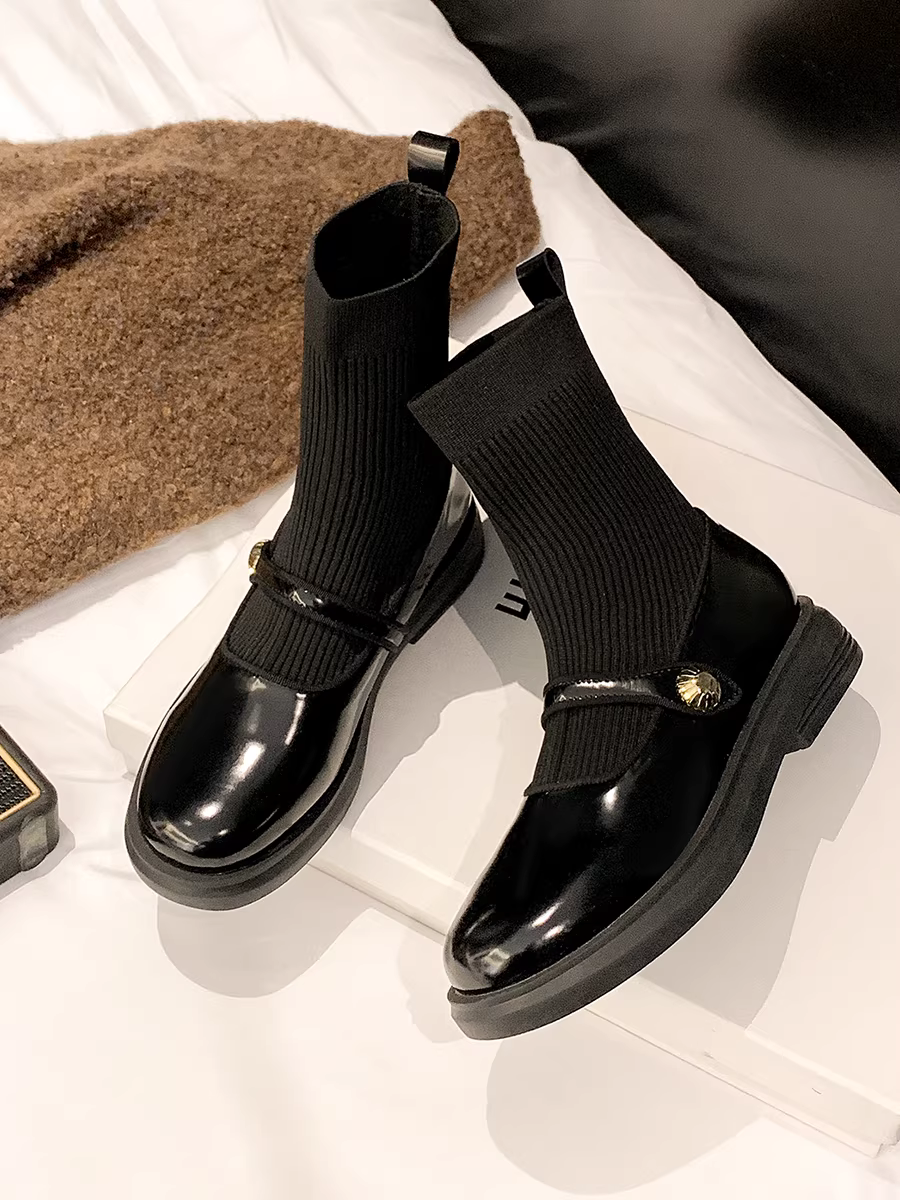 Giày bốt nữ, bốt dệt kim dáng ôm, bốt đế bằng da thật, bốt ngắn mùa xuân thu, bốt Martin màu nâu, bốt kiểu Mary Jane.