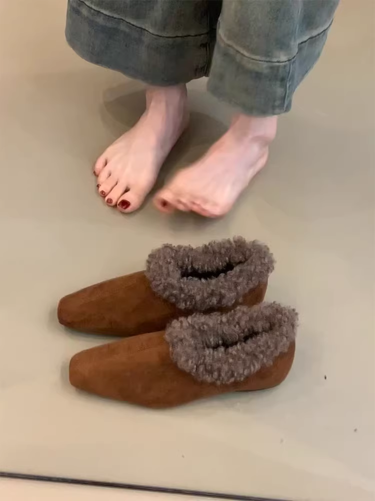 Phiên bản da cừu ~ Giày lười da thật cổ điển dành cho nữ có độ tăng chiều cao ẩn, mũi vuông, đế phẳng, giày lông đa năng đi làm