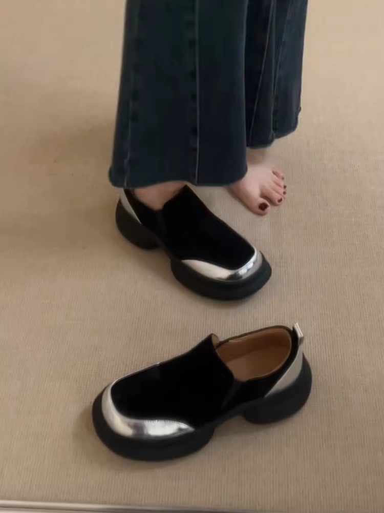 Phiên bản da cừu ~ giày đế dày đế dày kiểu cổ điển dành cho nữ, giày da lộn mũi tròn đơn giản, giày da nhỏ đơn giản