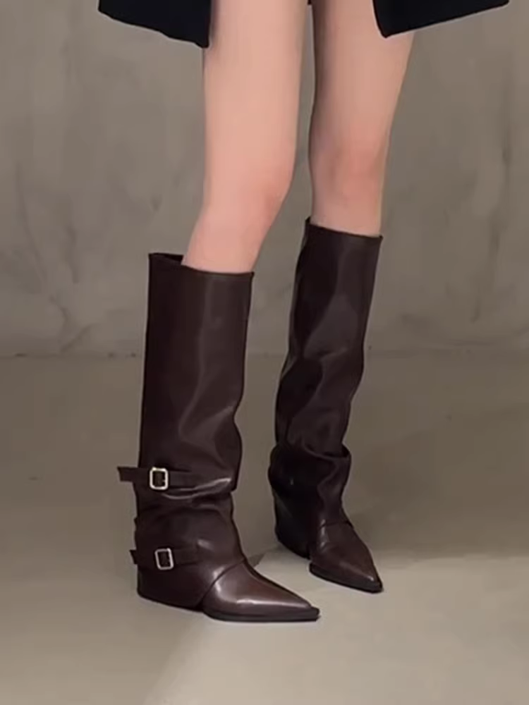 Phiên bản da cừu ~ Giày bốt cao gót kiểu Âu Mỹ dành cho nữ có khóa thắt lưng, mũi nhọn, bốt dài thanh lịch và thời trang, bốt cưỡi ngựa cổ điển.