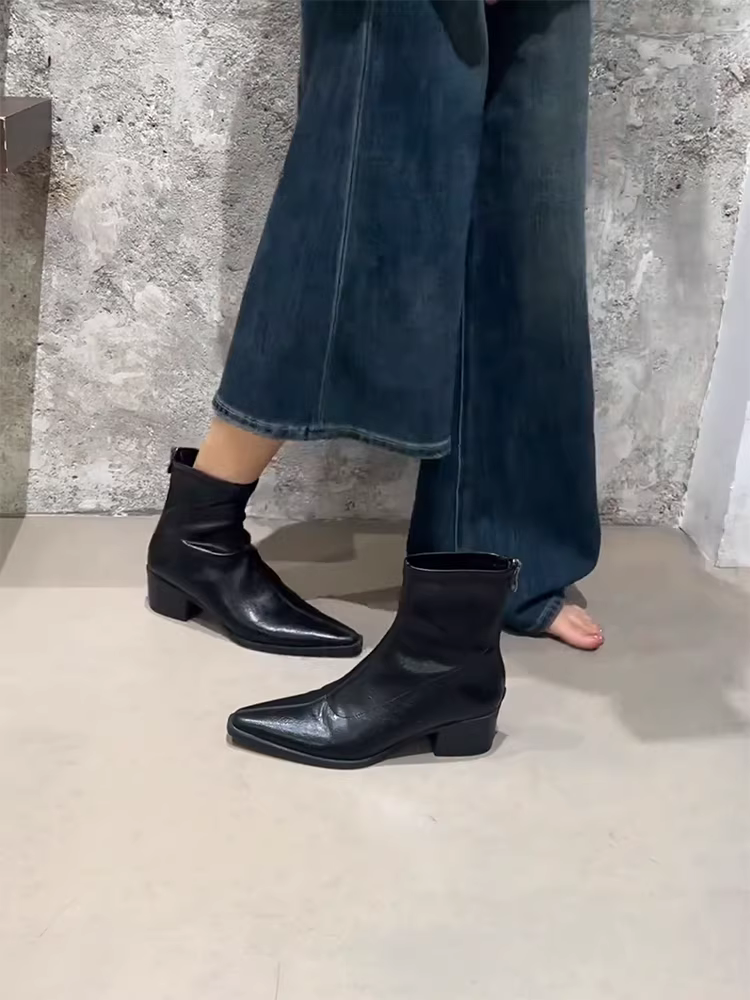 Phiên bản da bò ~ Giày bốt đế dày đa năng, thời trang, kiểu dáng thanh lịch dành cho nữ, kiểu dáng cổ điển đơn giản, khóa kéo phía sau, giúp thon gọn, giày bốt ngắn thời trang