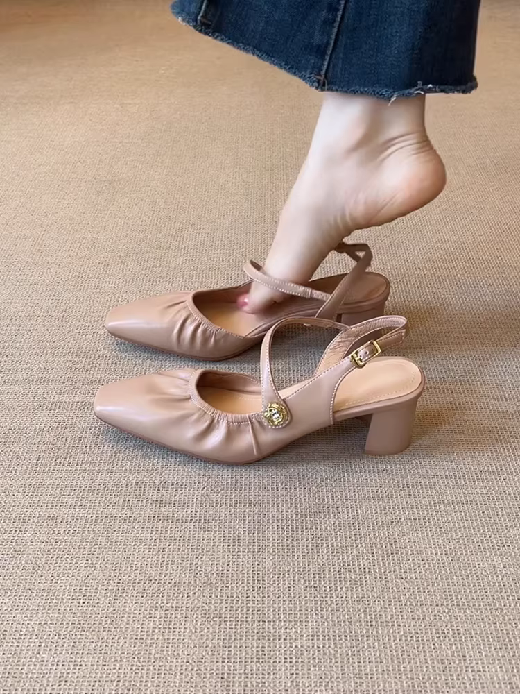 Phiên bản da cừu ~ Giày da thật kiểu dáng cổ điển Pháp mới, một quai, xếp ly, mũi kín dành cho nữ, dép quai ngang miệng nông, gót dày