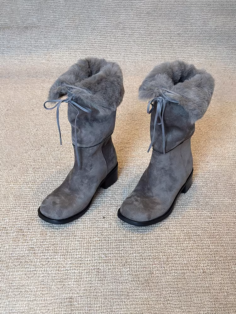 Phiên bản da bò ~ Giày bốt dài cổ điển cao cấp dành cho nữ, giày bốt đi tuyết lót lông dày kiểu Pháp, chất liệu da lộn, dây buộc, thiết kế độc đáo, có thể mang hai kiểu