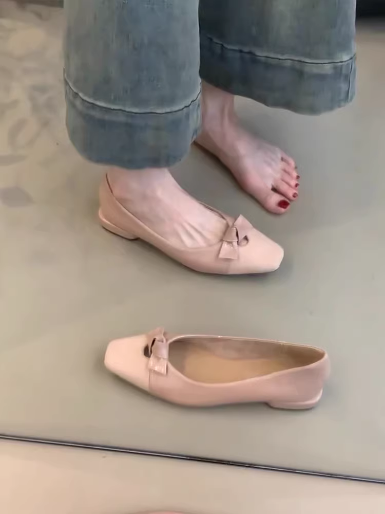 Phiên bản da cừu ~ Giày lười mũi vuông nông kiểu Pháp dành cho nữ, đa năng và dịu dàng, có nơ, gót dày, giày dạ hội bằng da thật.