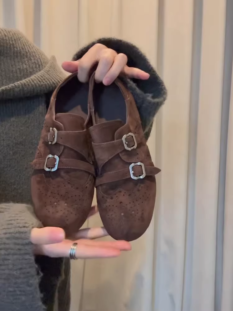 Phiên bản da cừu ~ giày lười có khóa thắt lưng bằng da lộn phong cách cổ điển dễ thương dành cho nữ, giày thời trang mũi tròn đế bằng kiểu dáng thời trang