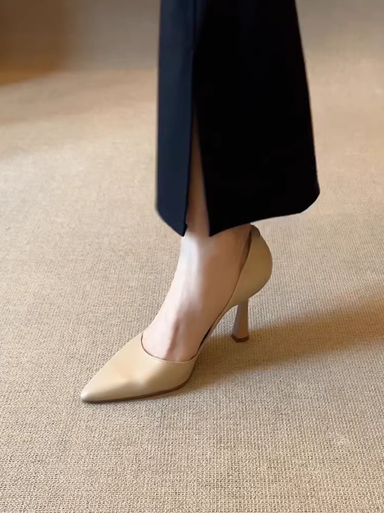Phiên bản da cừu ~ Giày cao gót mũi nhọn kiểu Pháp thanh lịch dành cho nữ, gót mỏng thoải mái và đa năng, giày đơn miệng nông.