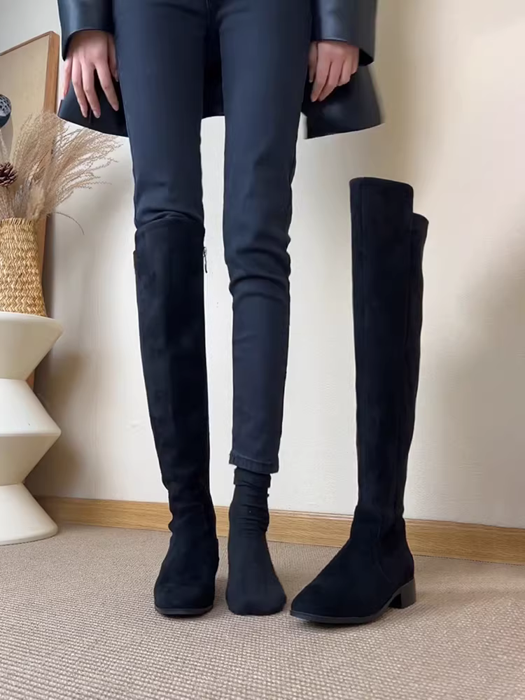 Phiên bản da bò ~ Giày bốt cưỡi ngựa cao quá đầu gối có khóa kéo bên hông dành cho nữ, bốt dài màu đen, tôn dáng, da mờ, bốt đa năng và thời trang.