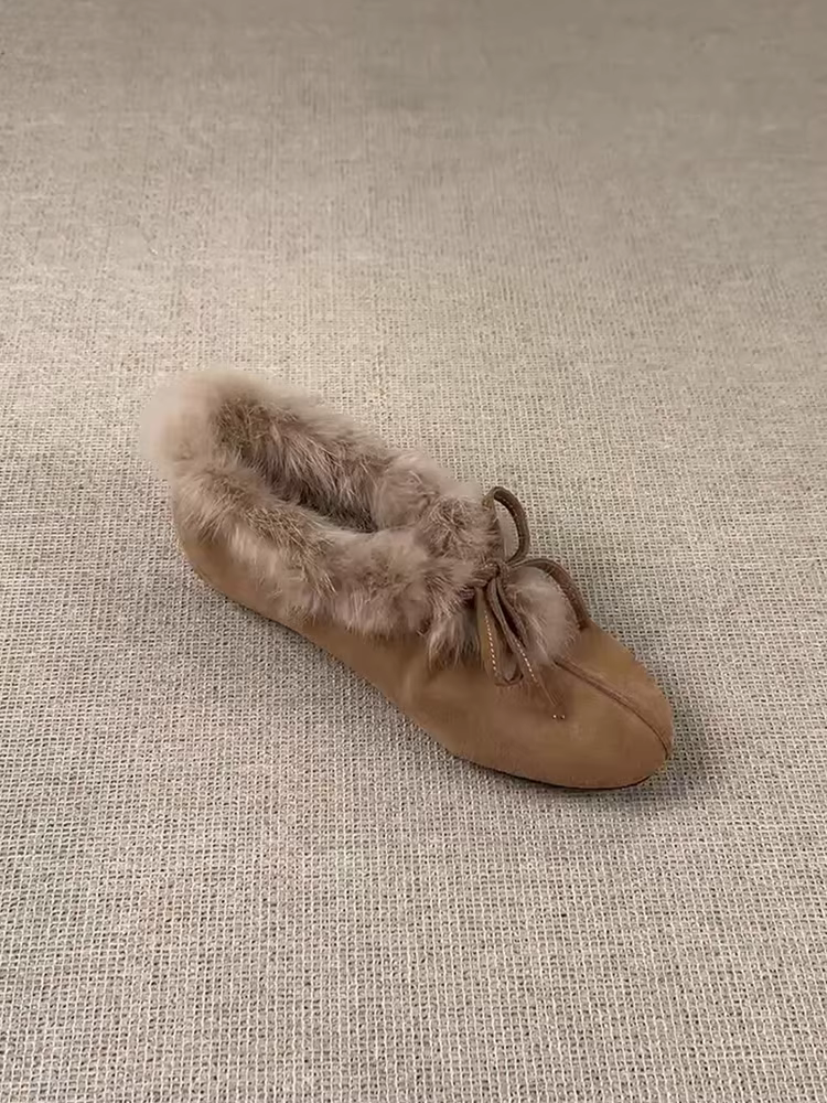 Phiên bản da cừu ~ Giày lông có nơ bằng da thật thời trang dành cho nữ, giày lười có lót lông mềm mại cho mùa đông, giày cotton ấm áp để mặc ngoài trời