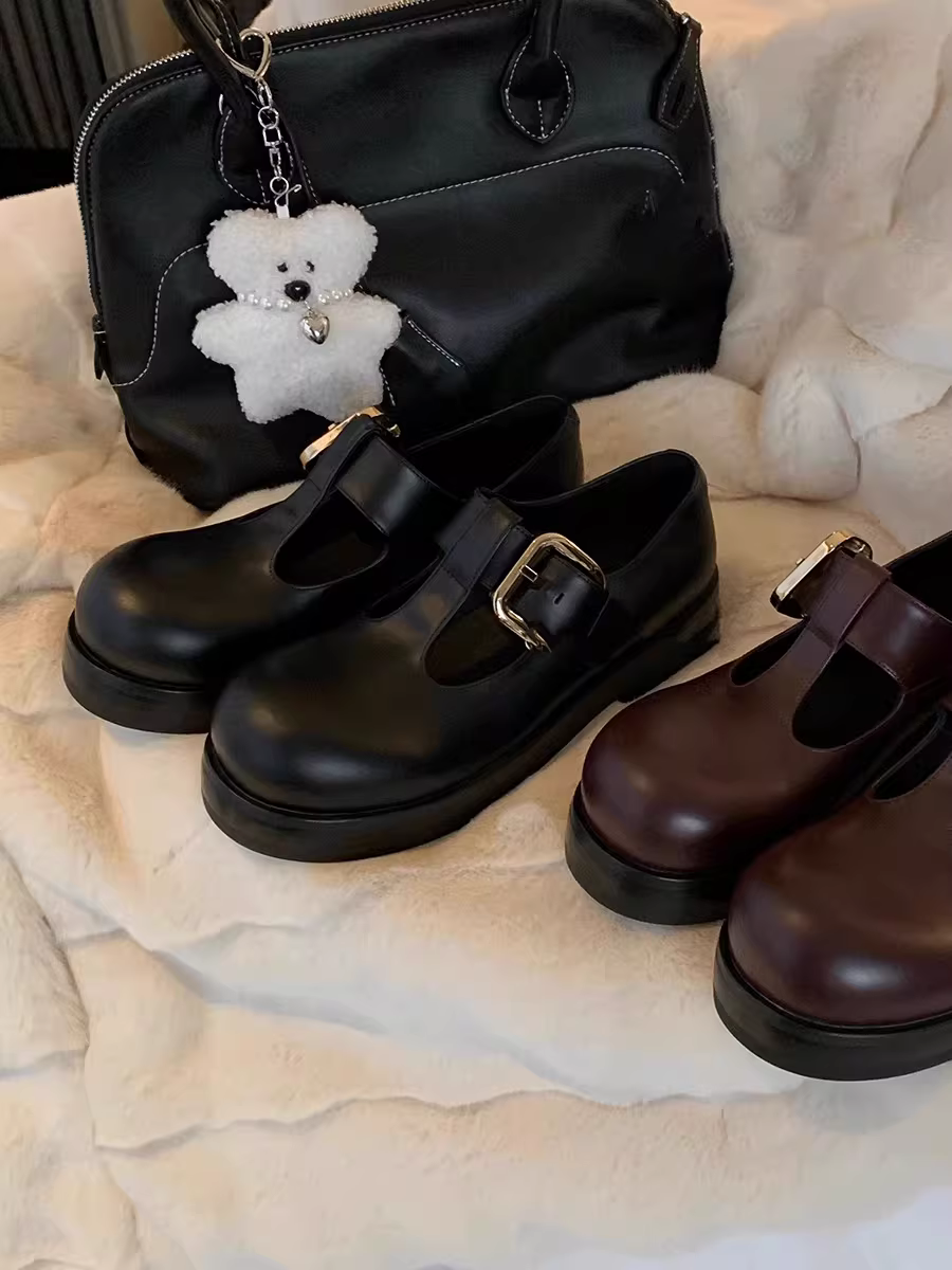 Phiên bản da bò~ Giày da Mary Jane mũi tròn có dây chữ T thời trang có khóa vàng dành cho nữ, giày Birkenstock mũi to phong cách retro kiểu Anh