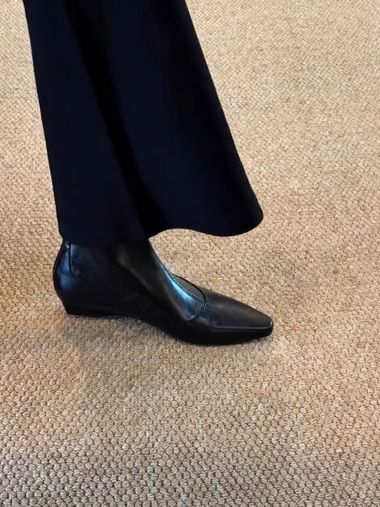 Phiên bản da bò ~ Giày bốt da thật mũi nhọn kiểu Pháp tối giản dành cho nữ có khóa kéo phía sau, gót thấp, bốt ngắn đi làm