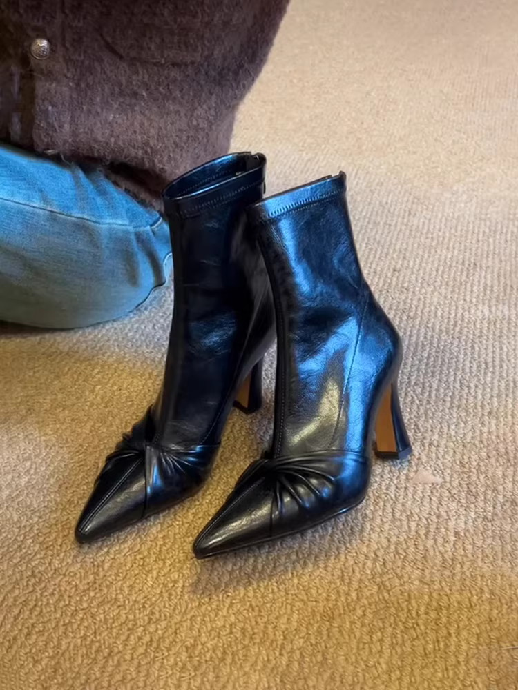 Phiên bản da bò ~ Giày bốt ngắn da thật mũi nhọn cổ điển thanh lịch dành cho nữ có nơ, khóa kéo phía sau, bốt cao gót, bốt đen ôm sát