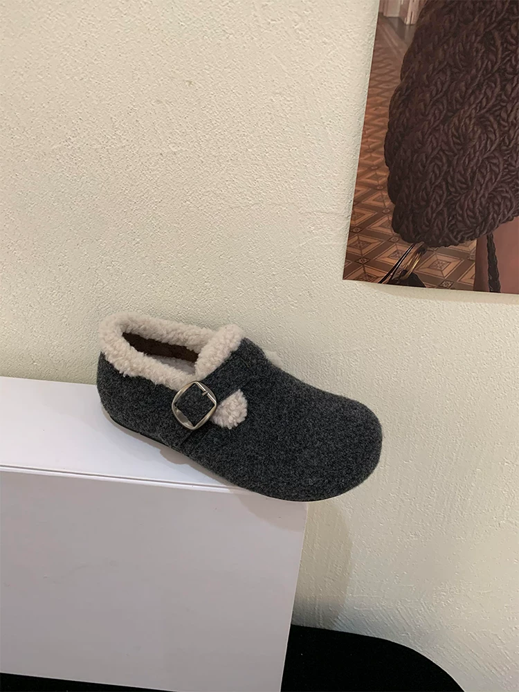 Phiên bản da cừu ~ Giày Birkenstock cổ điển bằng len màu xám dành cho nữ, giày đế bằng bằng lông cừu ấm áp và mềm mại dành cho mùa thu đông.