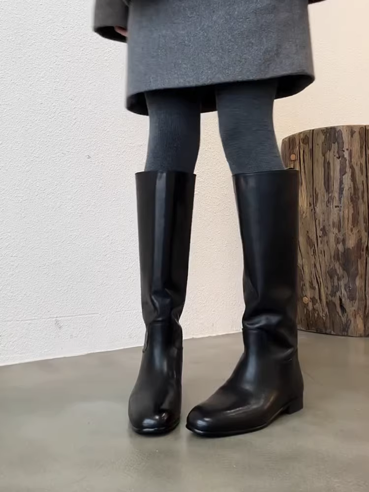 Phiên bản da bò ~ Giày bốt cưỡi ngựa dày đế đen dành cho nữ, kiểu dáng cổ điển đơn giản bằng da thật, giày cao đến đầu gối, đế thấp, thời trang, dài đến đầu gối