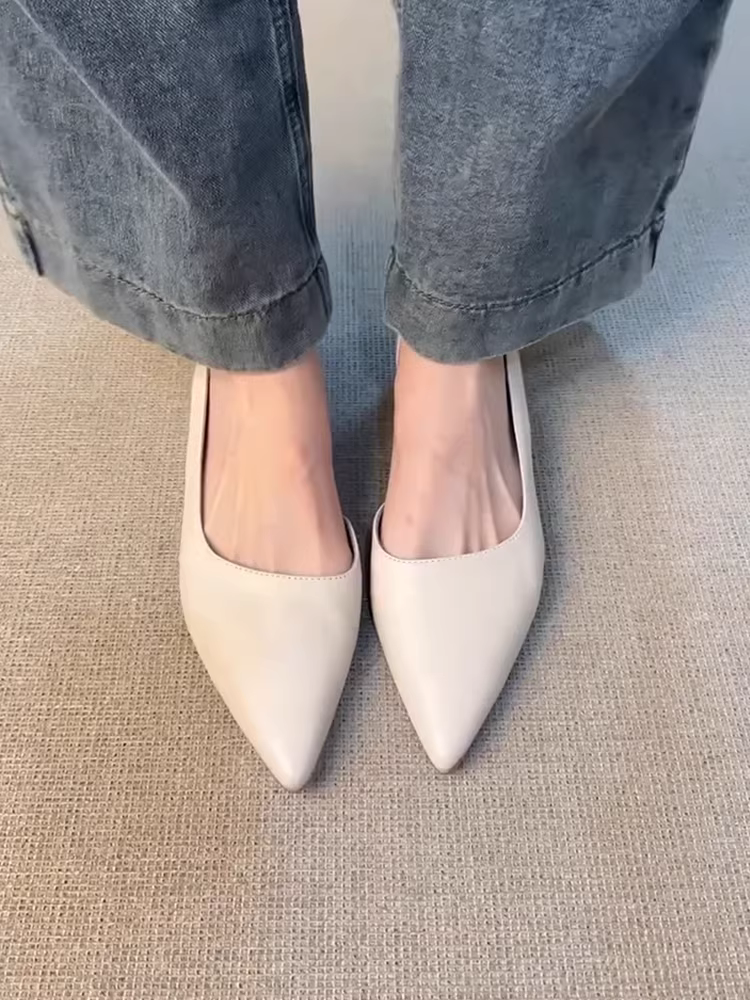 Phiên bản da cừu ~ Giày đế thấp mũi nhọn đa năng dành cho nữ, giày đi làm cổ điển bằng da thật có lỗ hở bên hông