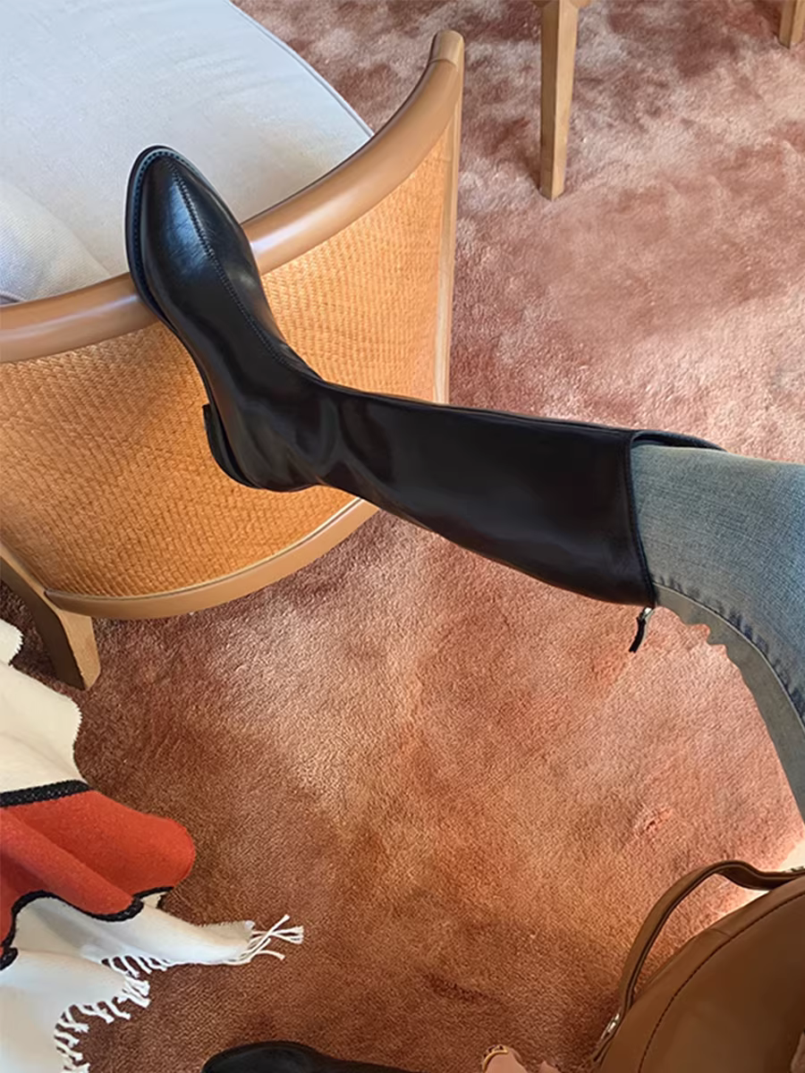 Giày cao bồi da thật mũi nhọn kiểu V, giày cưỡi ngựa cao quá gối, giày cao gót đế thô, giày cao nữ có khóa kéo phía sau