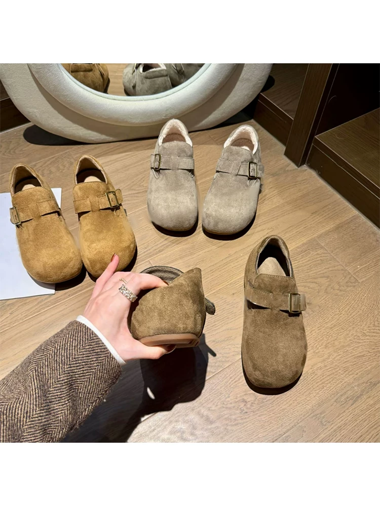 Phiên bản da cừu ~ Giày Birkenstock đế dày siêu mềm tăng chiều cao 6cm dành cho nữ, khóa thắt lưng cổ điển, giày đơn lót lông cừu cắt sâu