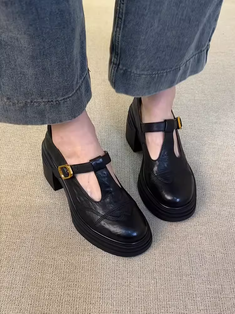 Phiên bản da cừu ~ Giày da nhỏ kiểu cổ điển kiểu Anh có đế dày, giày da nhỏ kiểu Anh, giày lười da thật, giày mũi tròn, giày Mary Jane.