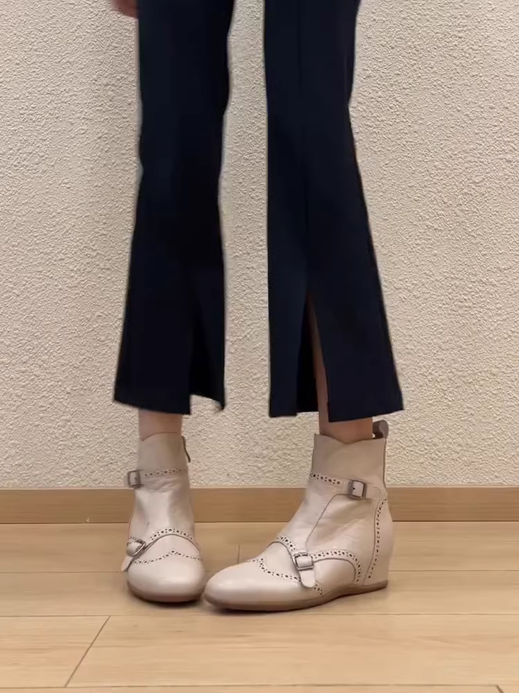 Phiên bản da bò ~ Giày bốt cổ ngắn tăng chiều cao bằng da thật kiểu Pháp dành cho nữ, giày bốt mỏng có khóa kéo bên hông thời trang độc đáo