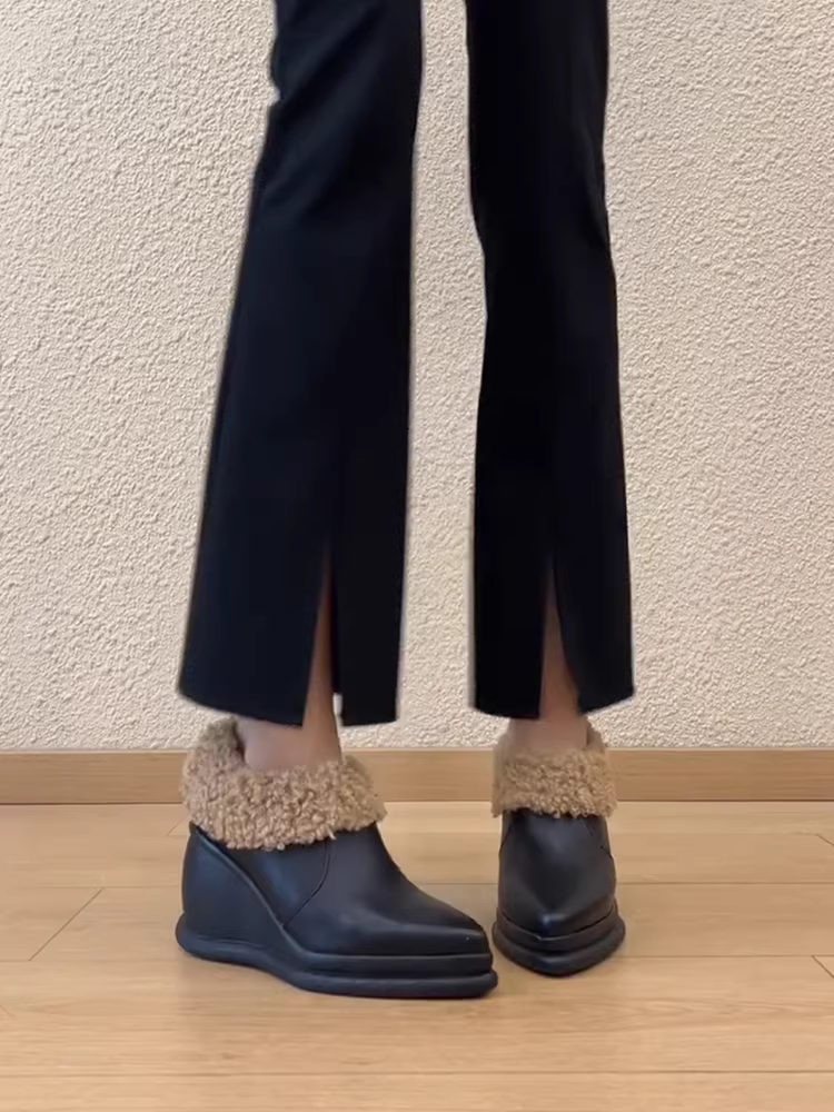 Phiên bản da cừu ~ Giày lười mũi nhọn có gót nêm dành cho nữ, giày da thật kiểu cổ điển, đế dày, lông nhung, giày da nhỏ