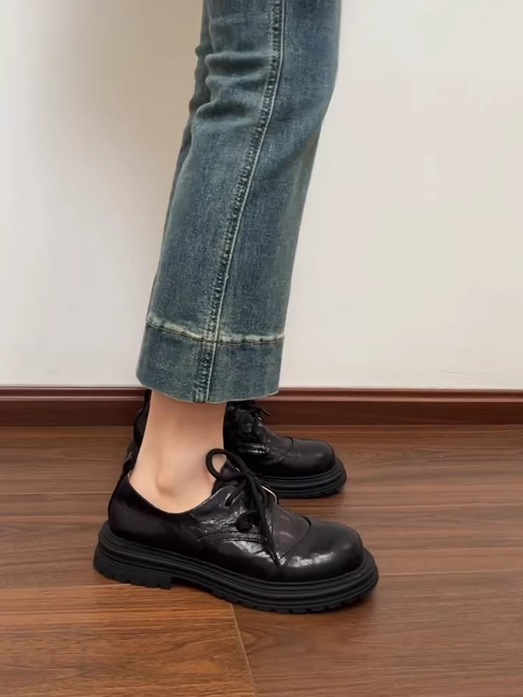 Phiên bản da cừu ~ Giày da nhỏ buộc dây kiểu Anh cổ điển dành cho nữ, giày lười đế dày đơn giản bằng da thật màu đen đa năng