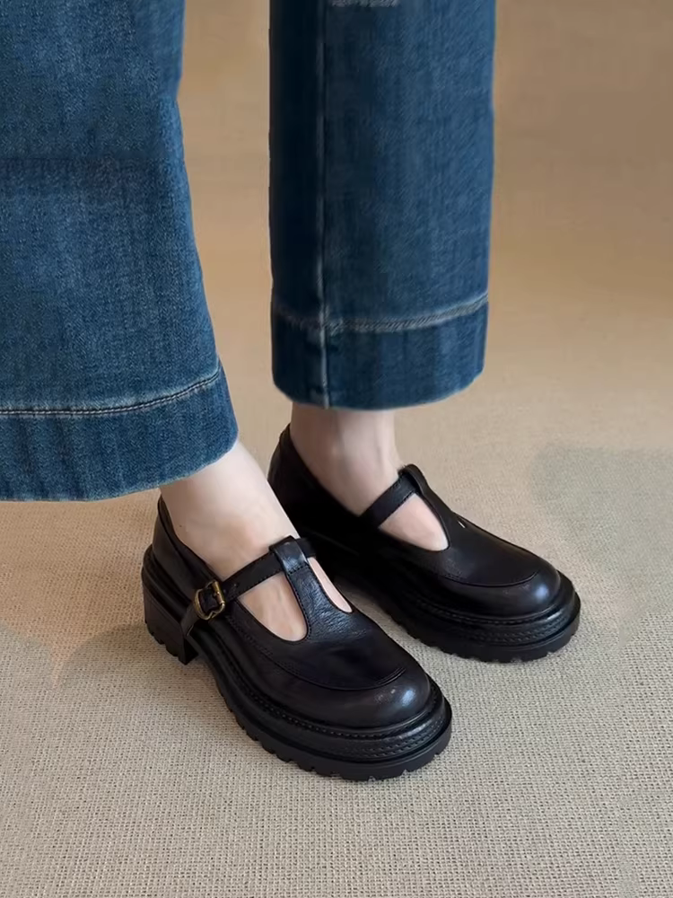 Phiên bản da cừu ~ Giày Mary Jane đế dày có khóa chữ T kiểu Anh, da thật, giày đế dày dành cho nữ, giày lười đế dày mùa xuân và mùa thu mới.