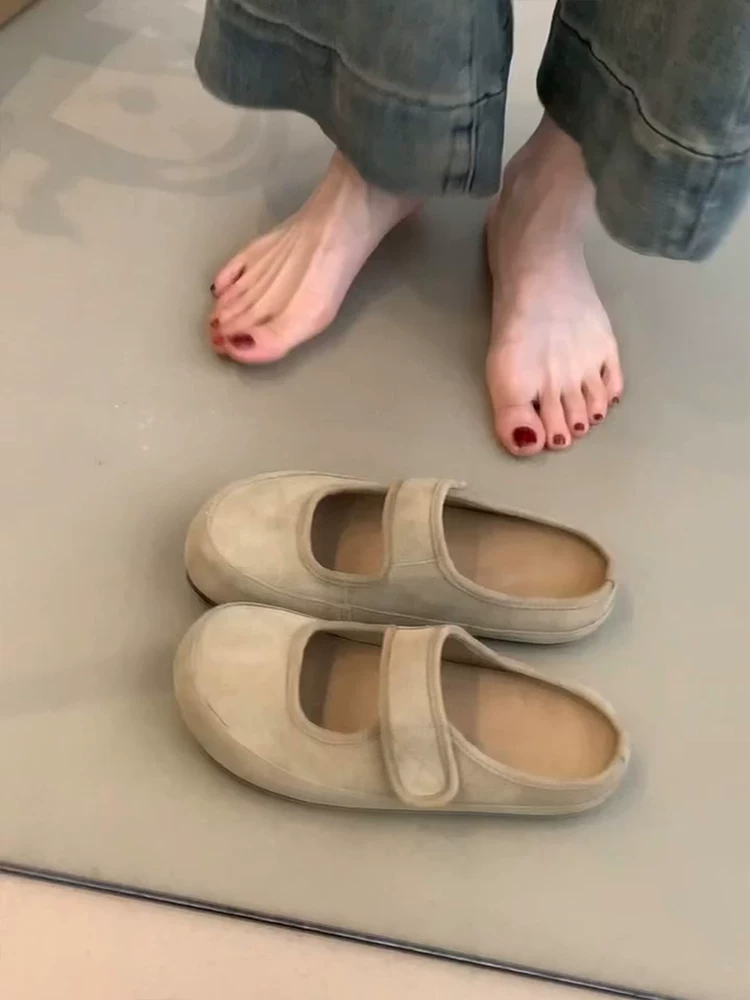 Phiên bản da cừu ~ Giày lười nữ kiểu Birkenstock cổ điển đa năng có quai dán, giày hở mũi có quai dán, dép khoét lỗ