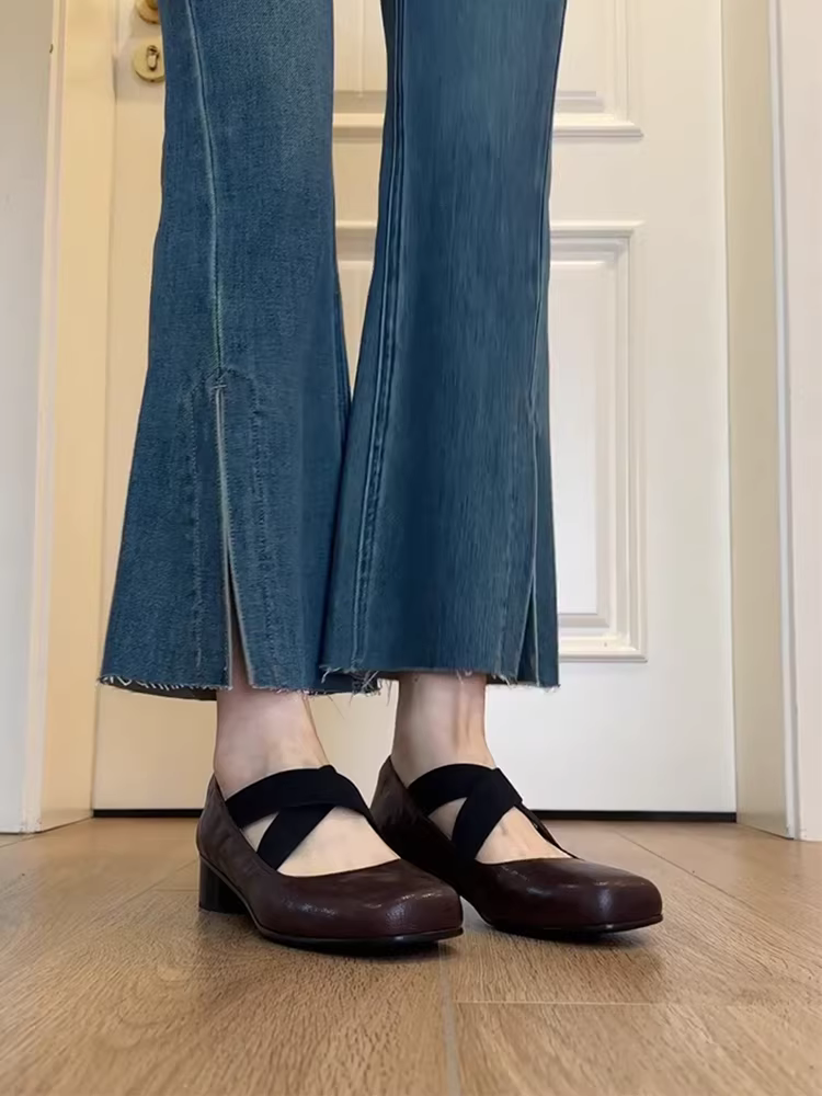 Phiên bản da cừu ~ Giày đi làm kiểu cổ điển kiểu Pháp có dây đeo chéo miệng nông mũi vuông kiểu dáng chunky gót giày ba lê da thật