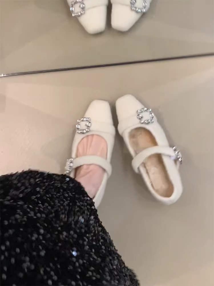 Phiên bản da cừu ~ Giày đơn có dây đeo kiểu cổ tích kiểu Pháp, mũi vuông, lót lông cừu, tăng chiều cao dành cho nữ, giày Mary Jane nhẹ nhàng